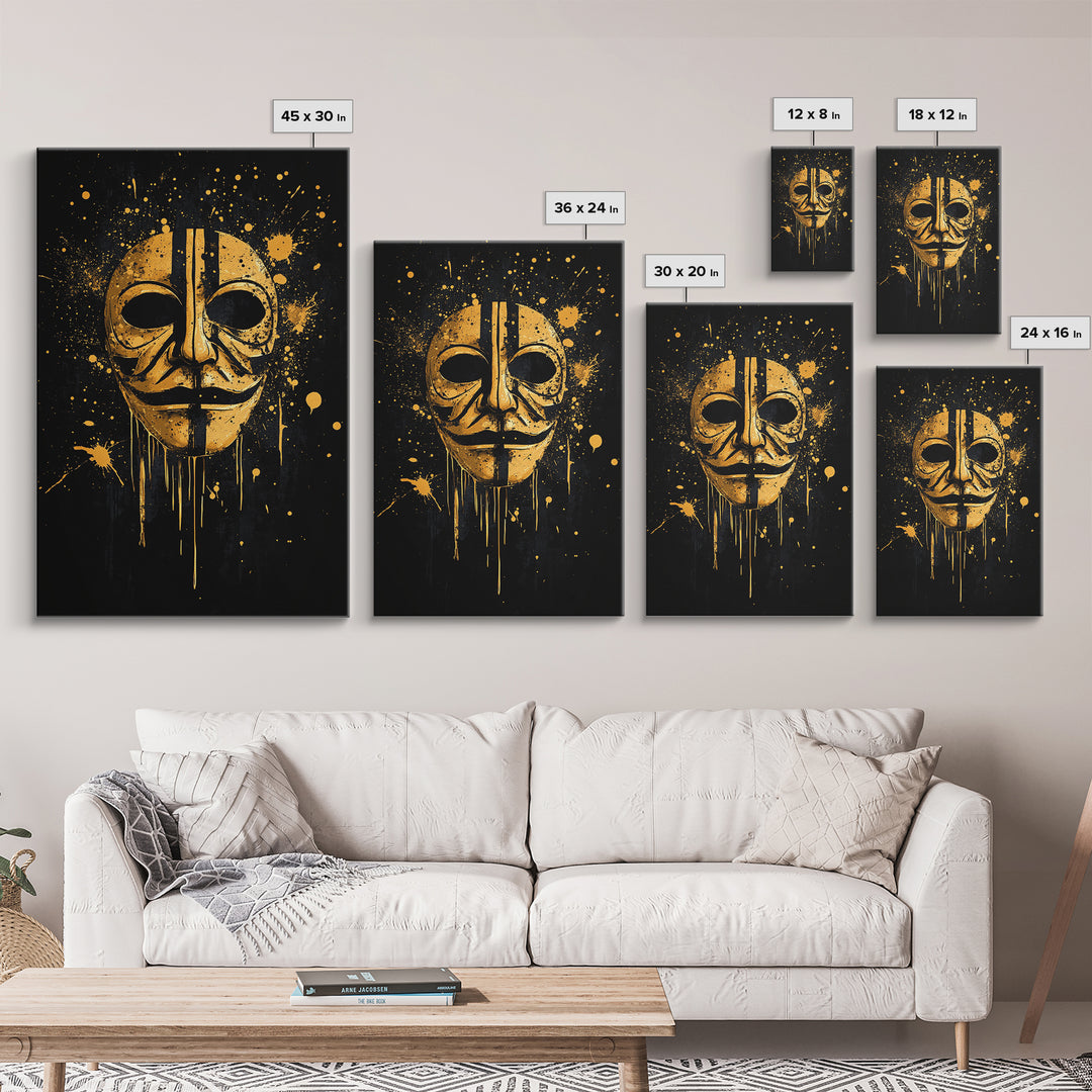 Mystical Mask Gold Canvas Print, Abstract Tribal Art, Splatter Canvas Wall Decor, Real Wood Frame, Modern Statement Artwork