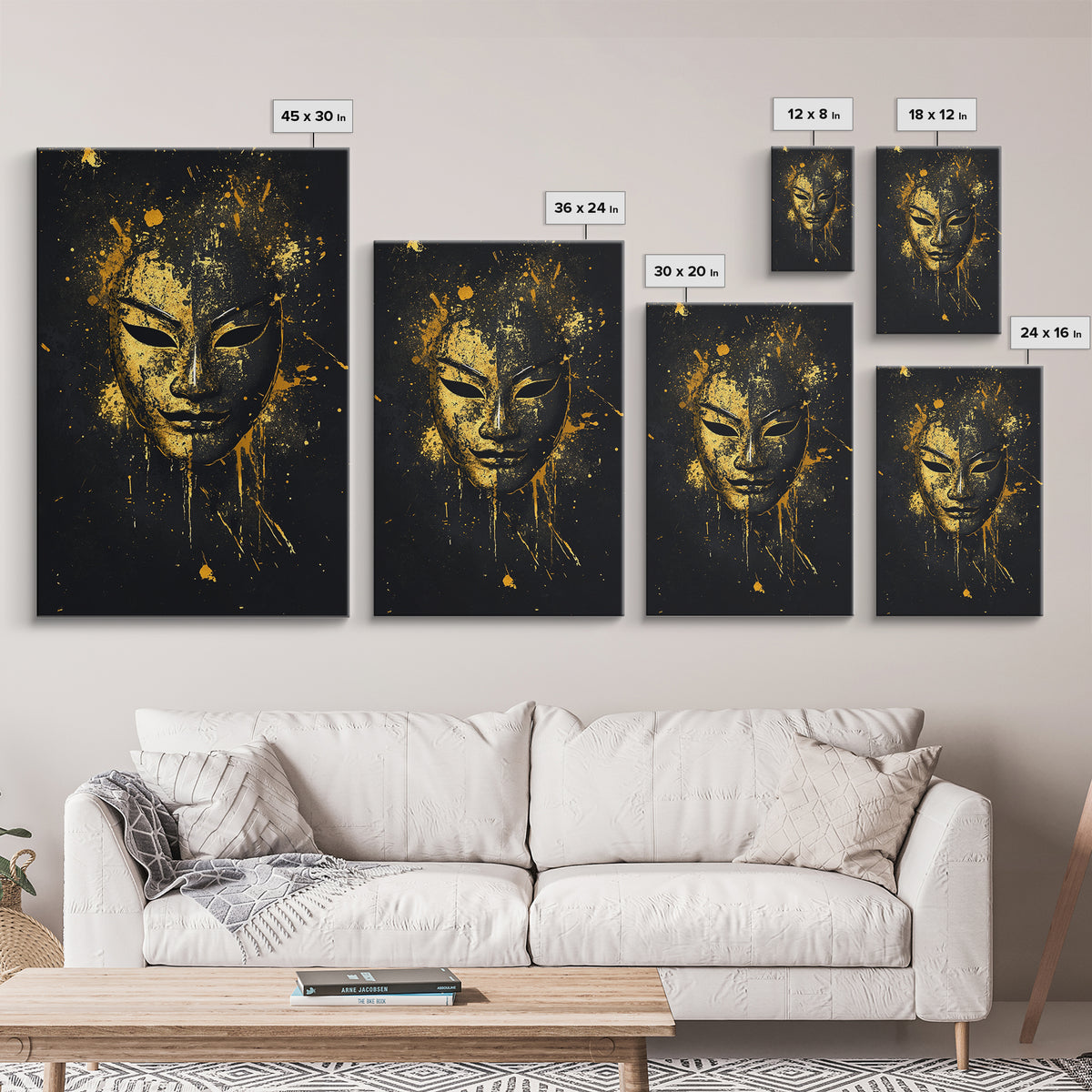 Elegant Tribal Face Gold Canvas Print, Abstract Cultural Mask Art, Modern Wall Decor, Real Wood Frame, Splatter Artwork