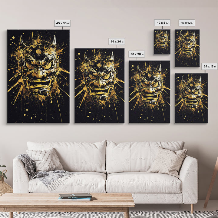 Demon Mask Gold Canvas Print, Fierce Samurai Style Art, Splatter Wall Decor, Real Wood Frame, Bold Statement Artwork