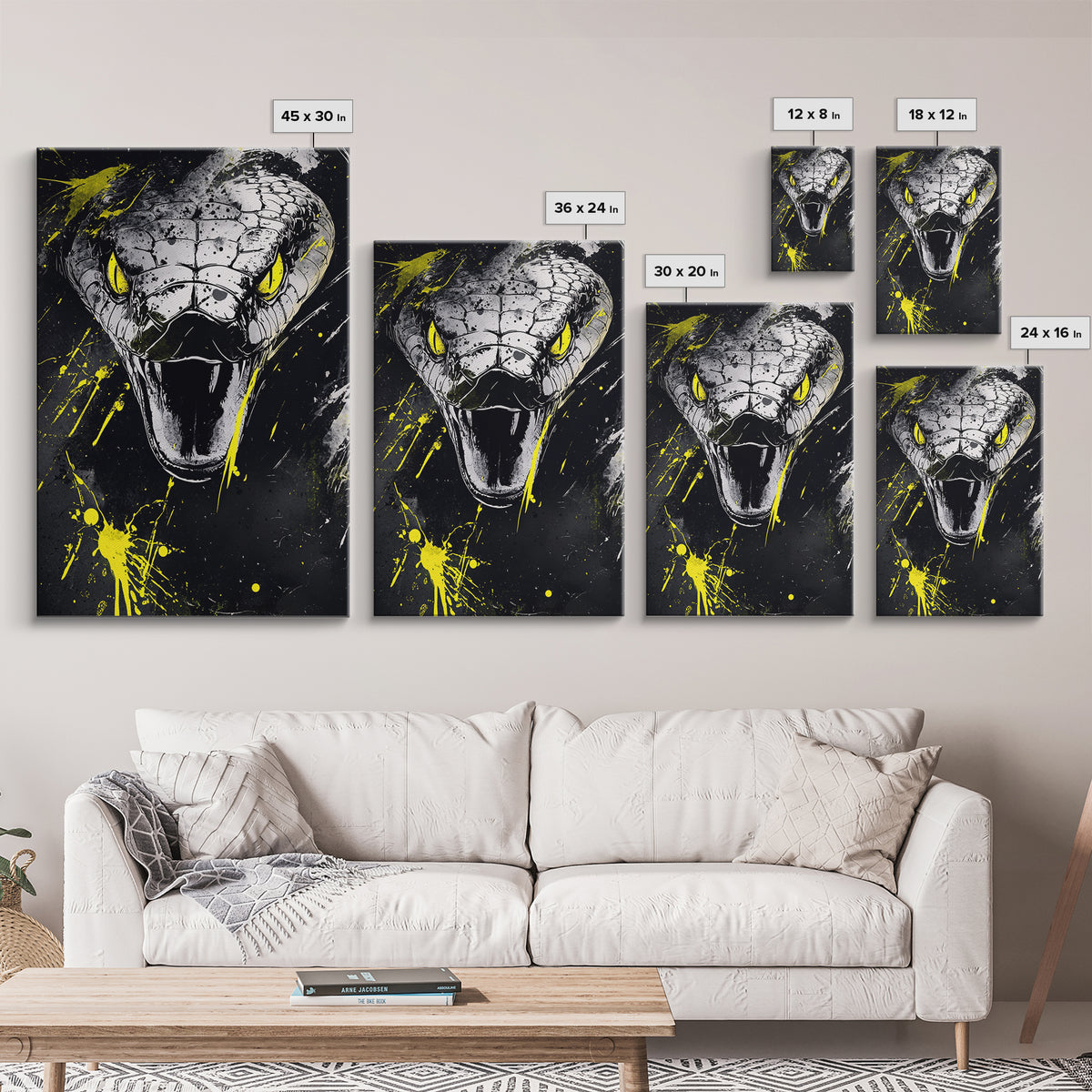 Viper Snake Gold Canvas Print, Venomous Reptile Art, Bold Splatter Wall Decor, Real Wood Frame, Fierce Snake Artwork
