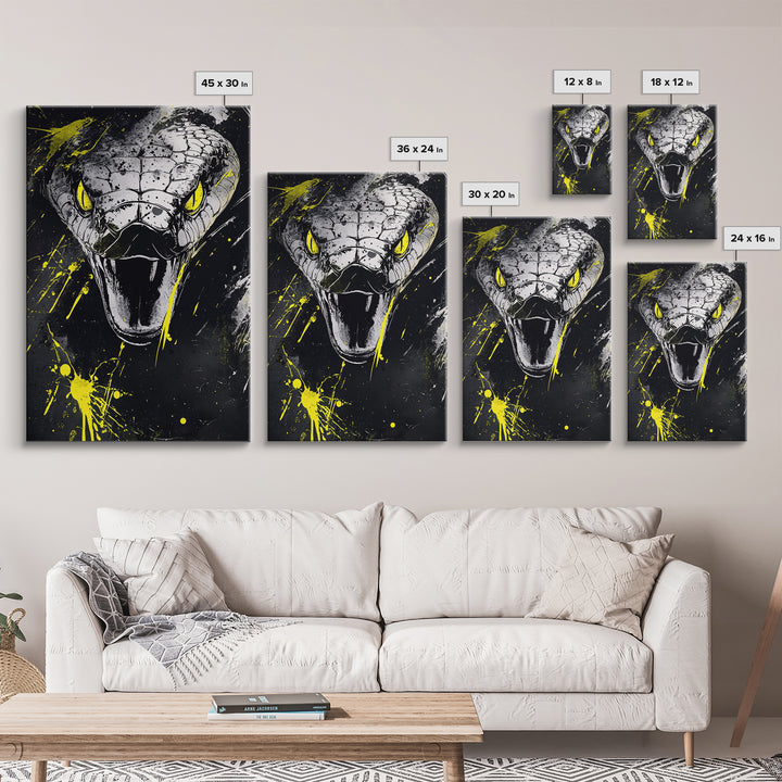 Viper Snake Gold Canvas Print, Venomous Reptile Art, Bold Splatter Wall Decor, Real Wood Frame, Fierce Snake Artwork