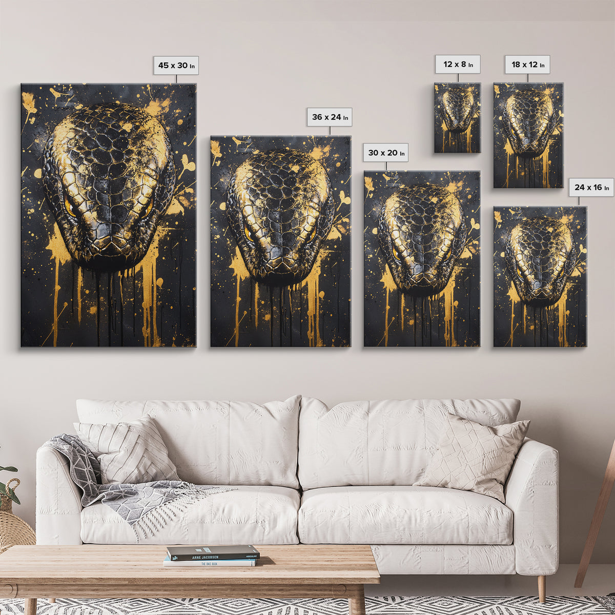 Python Snake Gold Canvas Print, Tribal Reptile Art, Bold Canvas Wall Decor, Real Wood Frame, Splatter Animal Artwork