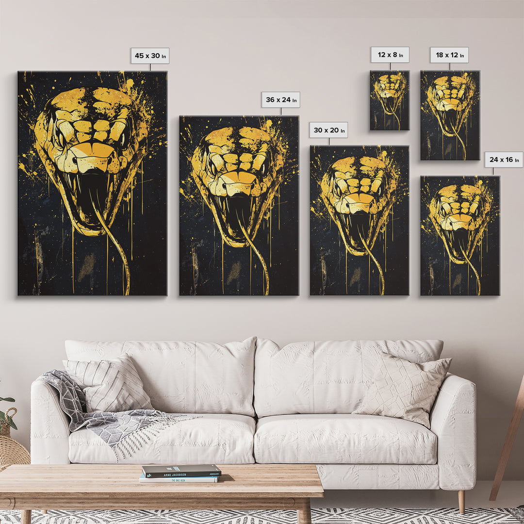 Cobra Head Gold Canvas Print, Fierce Snake Art, Splatter Style Canvas Decor, Real Wood Frame, Bold Animal Statement Artwork
