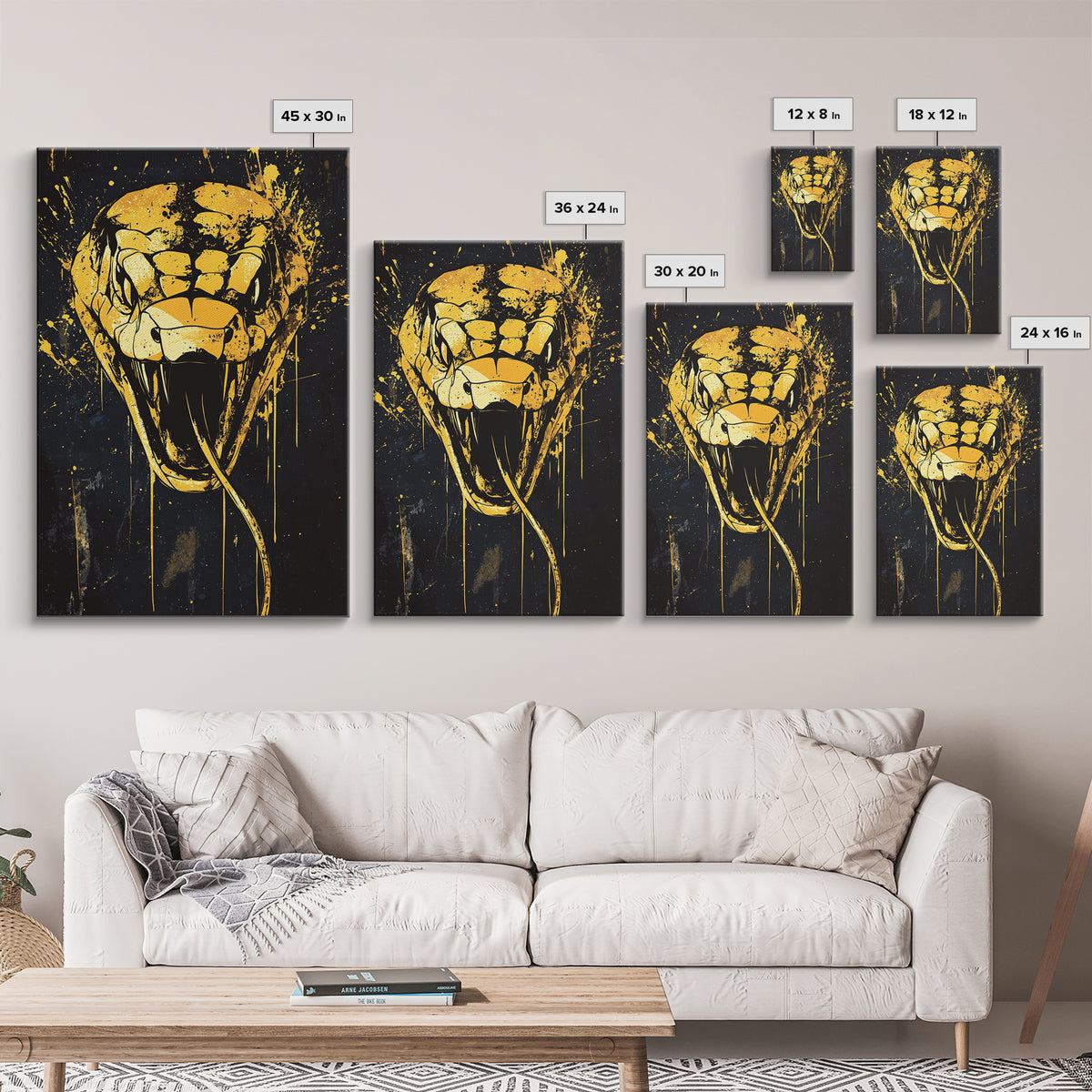 Cobra Head Gold Canvas Print, Fierce Snake Art, Splatter Style Canvas Decor, Real Wood Frame, Bold Animal Statement Artwork