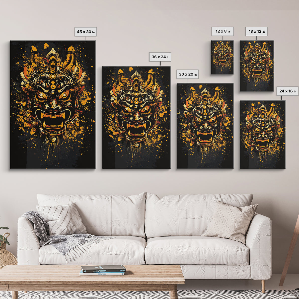 Fierce Demon Mask Artwork,Modern Cultural Wall Decor,Real Wood Frame,Bold Mythical Art,Striking Statement Accent
