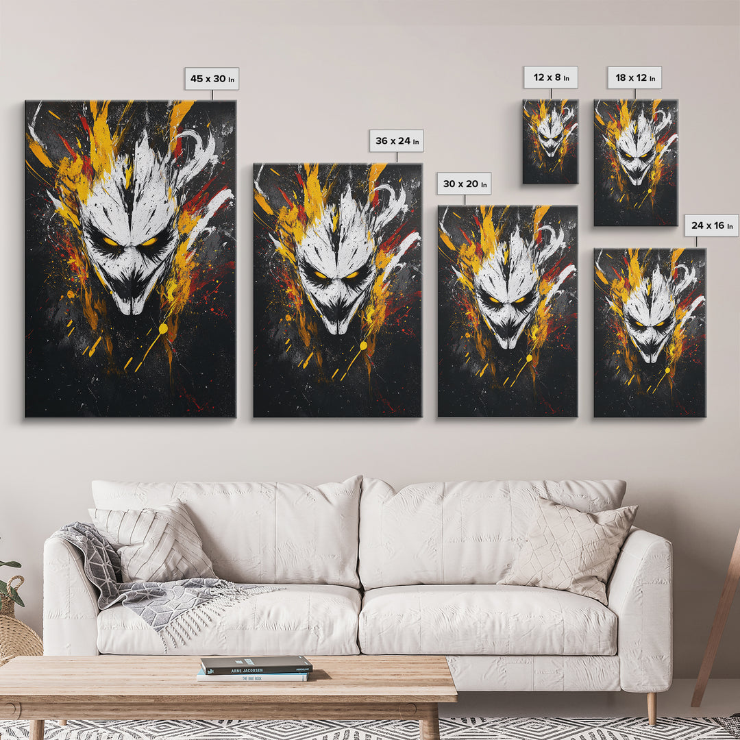 Intense Mask Artwork,Modern Abstract Wall Decor,Real Wood Frame,Bold Fiery Art,Striking Vibrant Statement Piece