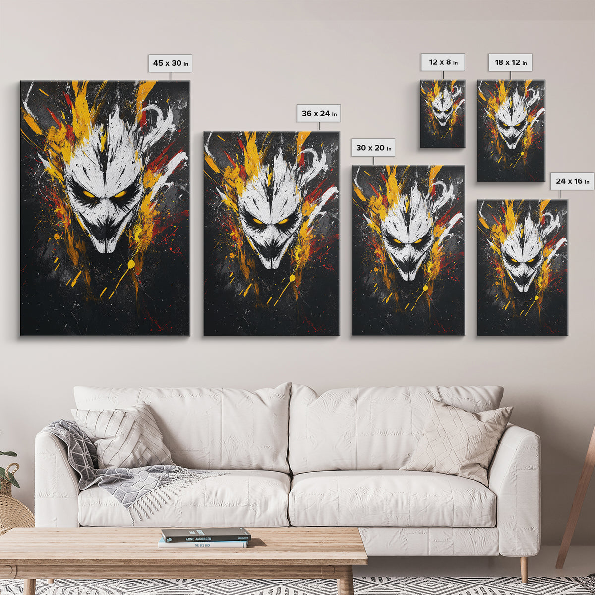 Intense Mask Artwork,Modern Abstract Wall Decor,Real Wood Frame,Bold Fiery Art,Striking Vibrant Statement Piece