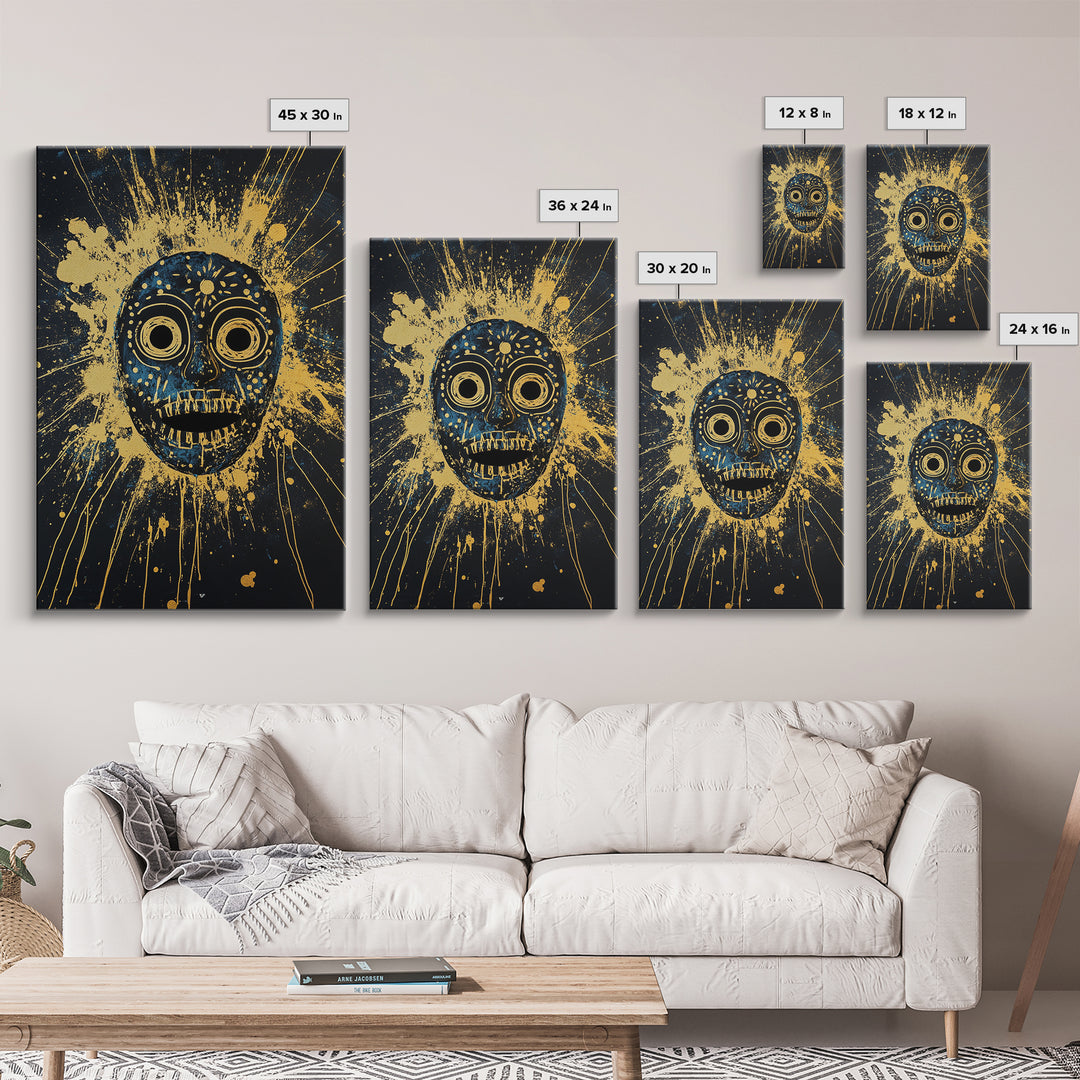 Cosmic Tribal Mask Gold Canvas Print, Unique Wall Art With Real Wood Frame, Ethnic Decor, Bold Splatter Artwork