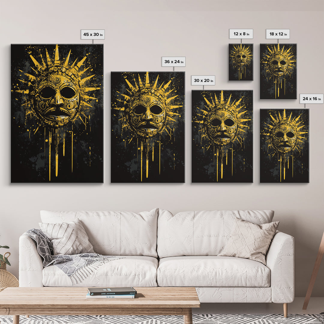 Aztec Sun God Mask Gold Canvas Print, Tribal Wall Art With Real Wood Frame, Ancient Culture Decor, Bold Artwork
