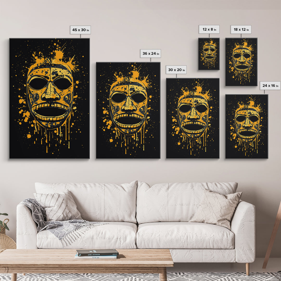 Traditional Tribal Mask Gold Canvas Print, Splatter Style Wall Art With Real Wood Frame, Cultural Decor Accent