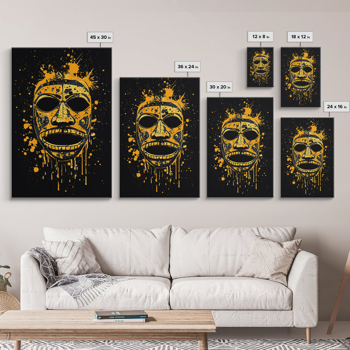 Traditional Tribal Mask Gold Canvas Print, Splatter Style Wall Art With Real Wood Frame, Cultural Decor Accent