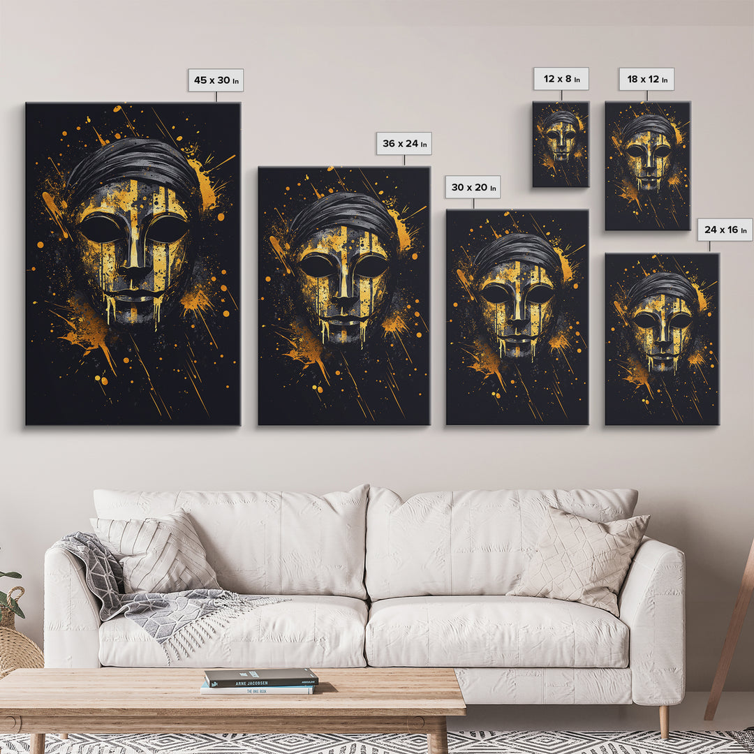 Classic Tribal Mask Gold Canvas Print, Bold Ethnic Wall Art With Real Wood Frame, Splatter Style Cultural Decor