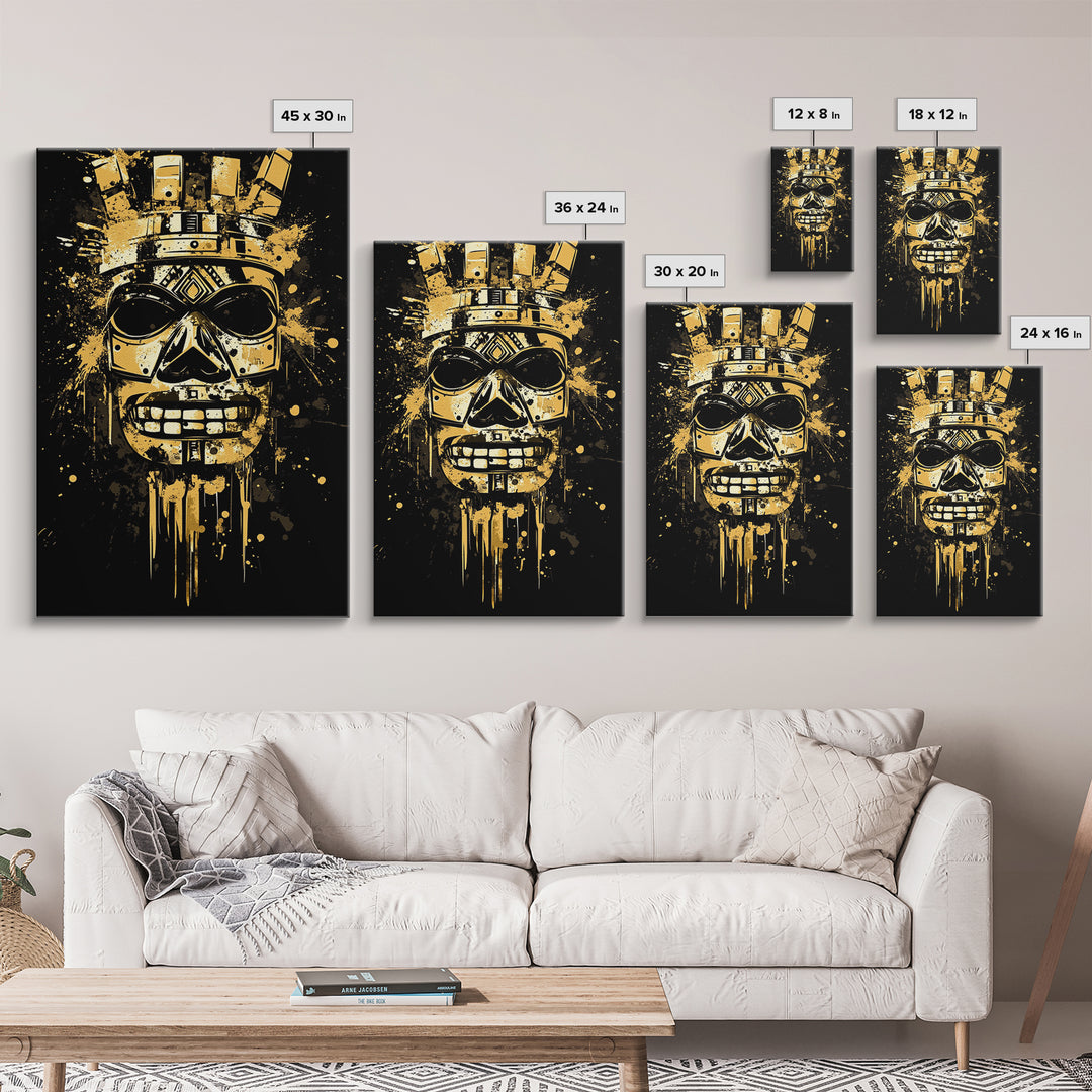 Ancient Warrior Mask Gold Canvas Print, Bold Wall Art With Real Wood Frame, Cultural Splatter Style Home Decor