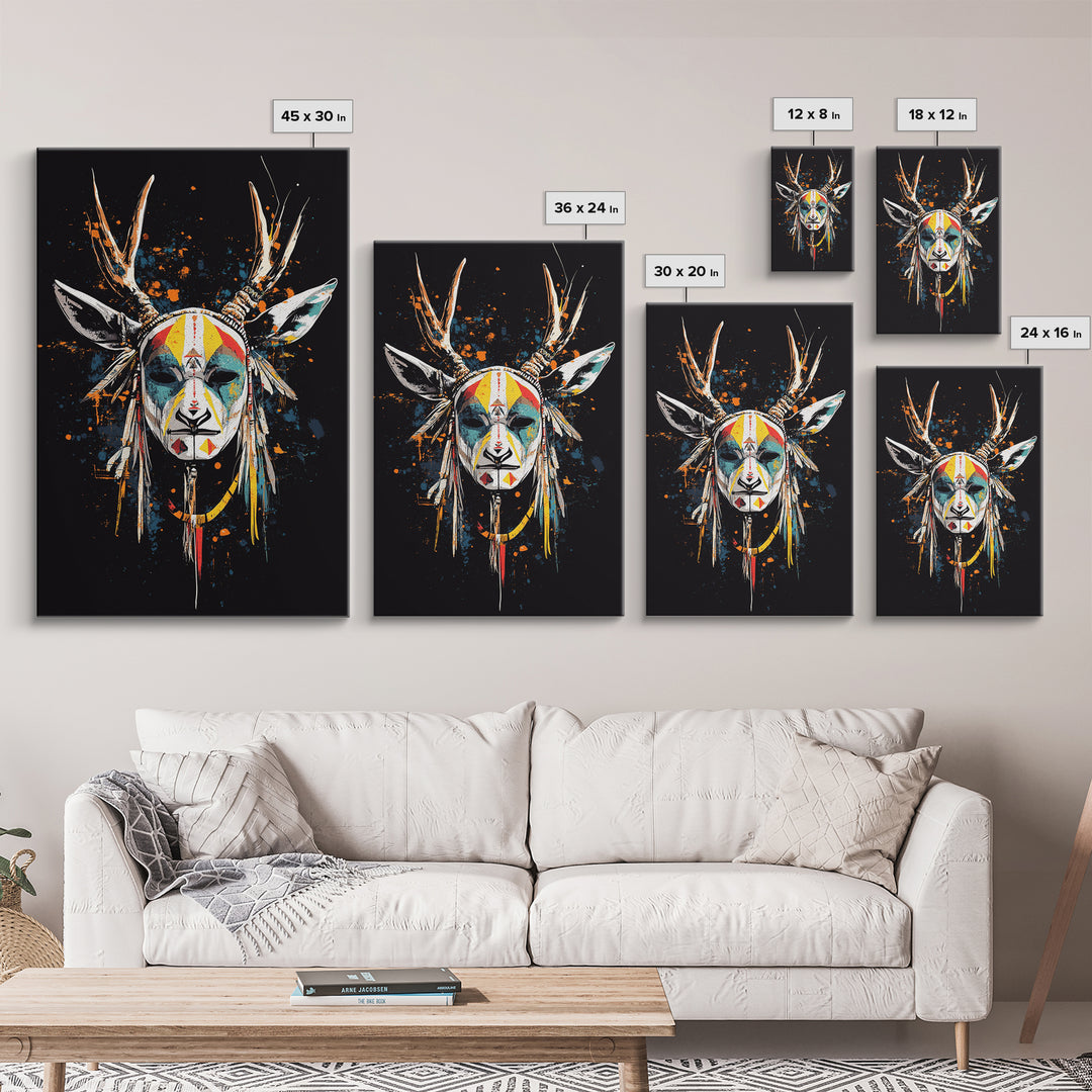 Deer Horn Mask Gold Canvas Print, Tribal Wall Art With Real Wood Frame, Ethnic Splatter Style Bold Wall Accent