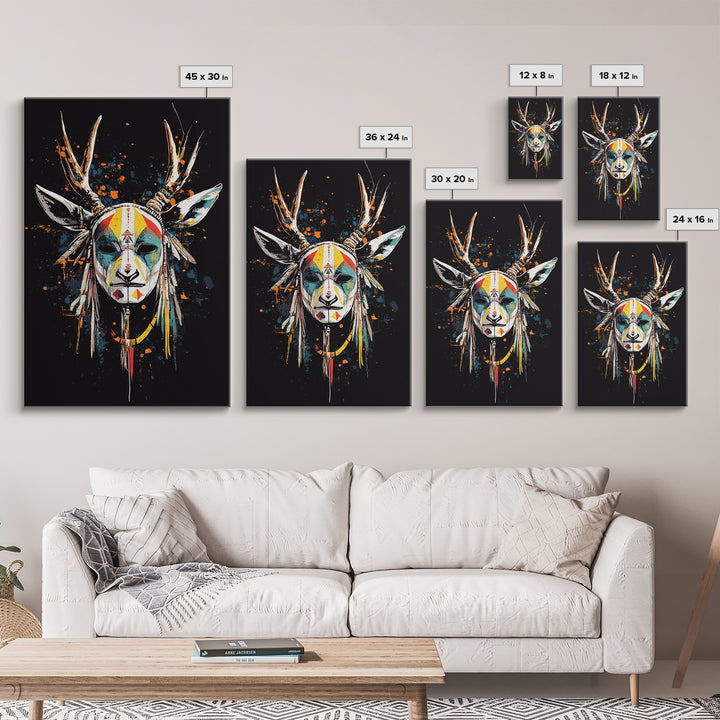 Deer Horn Mask Gold Canvas Print, Tribal Wall Art With Real Wood Frame, Ethnic Splatter Style Bold Wall Accent