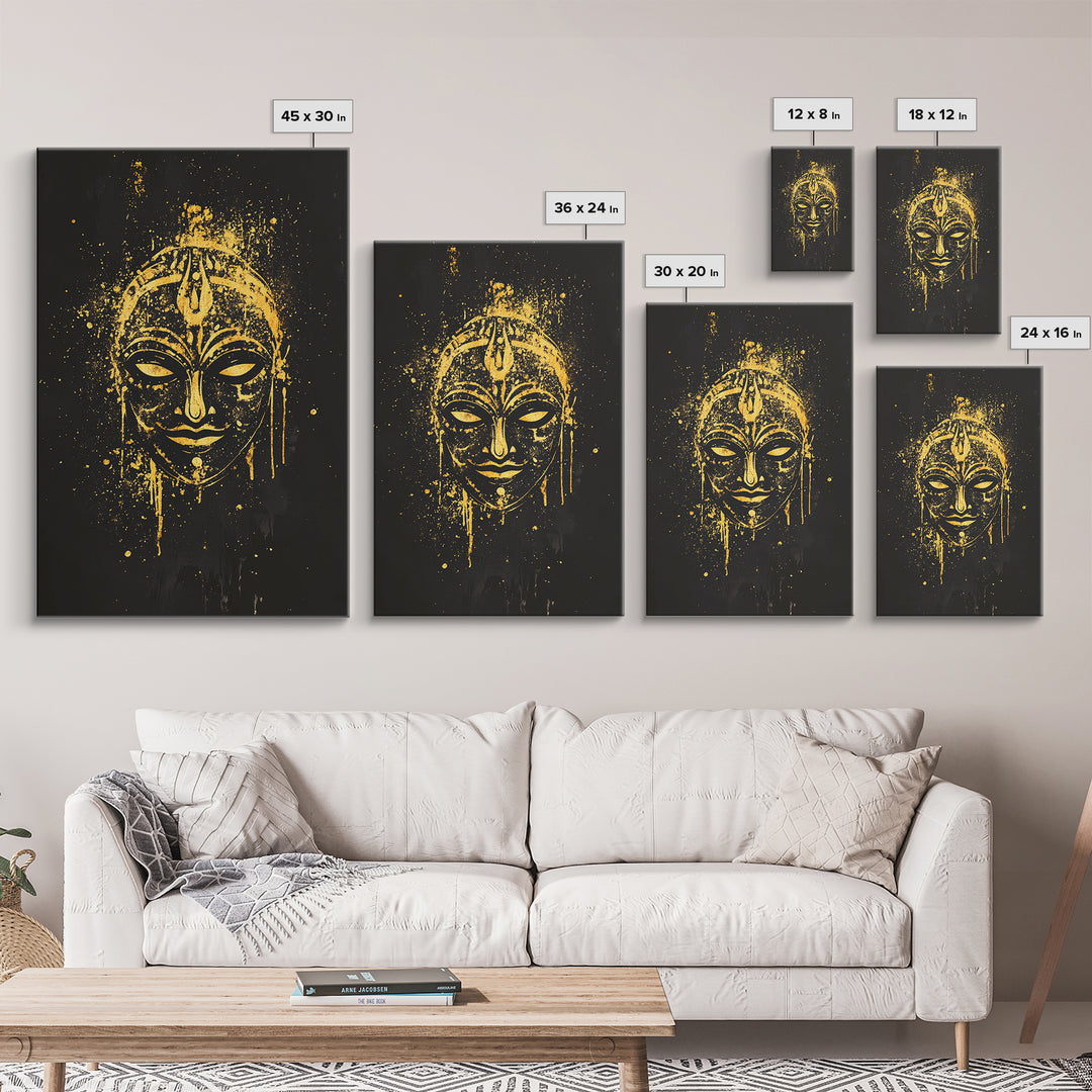 Mystical Goddess Mask Gold Canvas Art, Cultural Wall Print With Real Wood Frame, Splatter Style Decor For Bold Homes