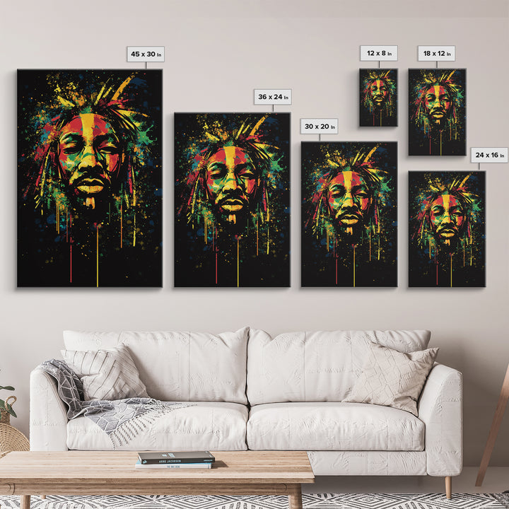 Rastafarian Portrait Gold Canvas Print, Vibrant Cultural Wall Art With Real Wood Frame, Bold Splatter Style Decor