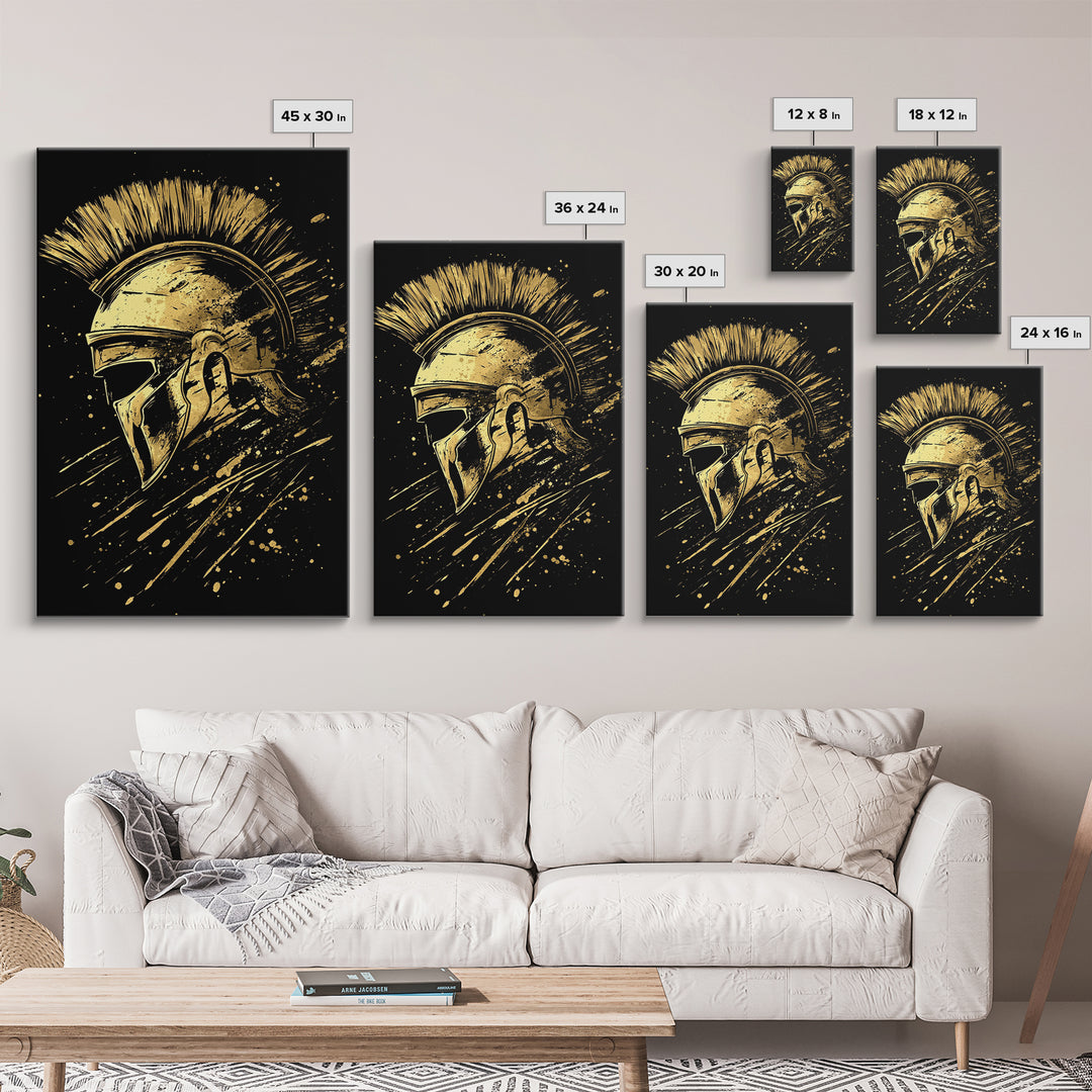 Spartan Warrior Helmet Gold Canvas Print, Ancient Greek Art, Mythology Wall Decor, Real Wood Frame, Bold Statement Piece