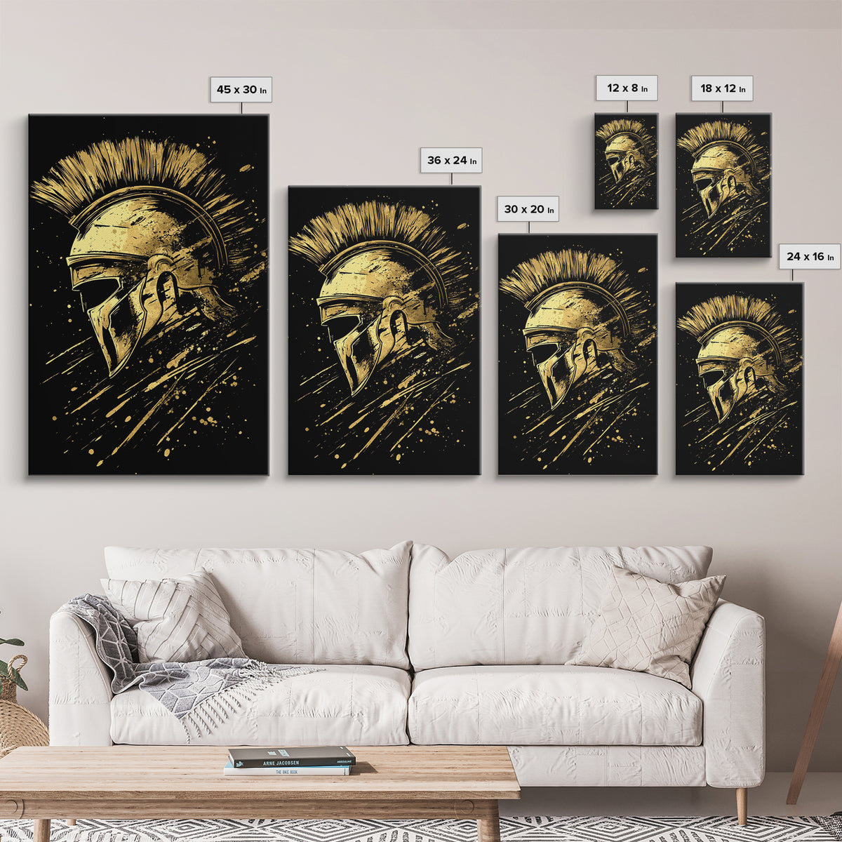 Spartan Warrior Helmet Gold Canvas Print, Ancient Greek Art, Mythology Wall Decor, Real Wood Frame, Bold Statement Piece