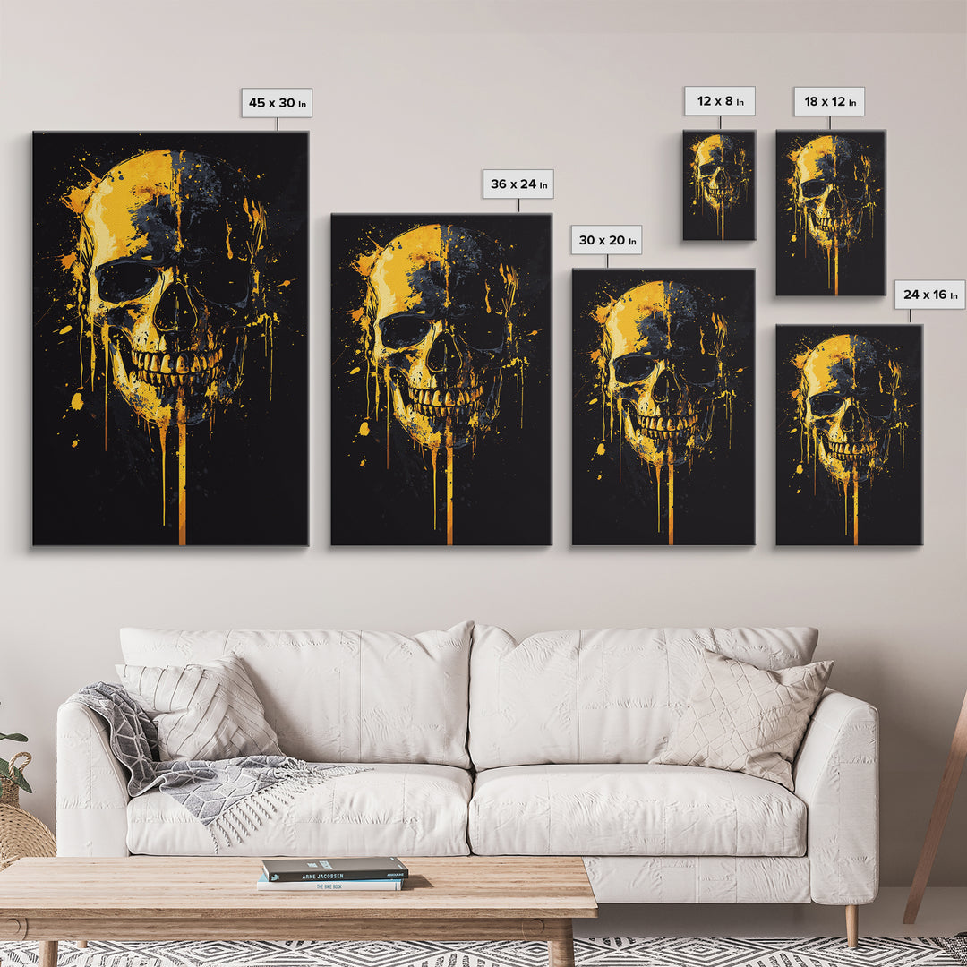 Dripping Skull Gold Canvas Print, Gothic Wall Art, Dark Decor, Edgy Skull Artwork, Real Wood Frame, Modern Statement Piece