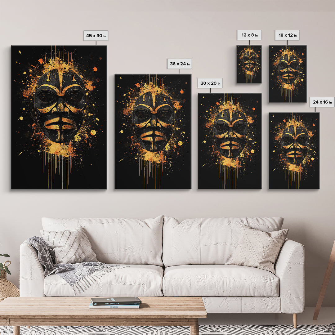 Nordic Warrior Mask Gold Canvas Print, Viking Art, Norse Wall Decor, Bold Splatter Artwork, Real Wood Frame, Mythology Design
