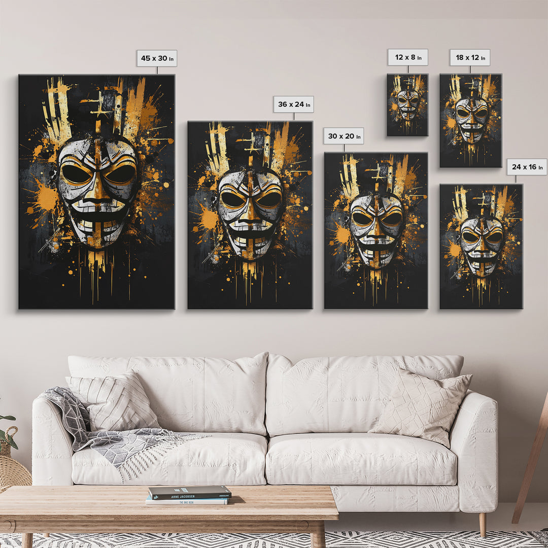 Tribal Warrior Mask Gold Canvas Print, Fierce Mask Art, Bold Wall Decor, Real Wood Frame, Dramatic Splatter Effect Artwork