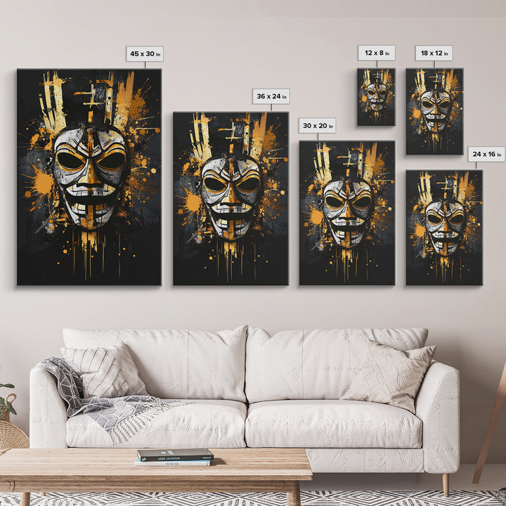 Tribal Warrior Mask Gold Canvas Print, Fierce Mask Art, Bold Wall Decor, Real Wood Frame, Dramatic Splatter Effect Artwork