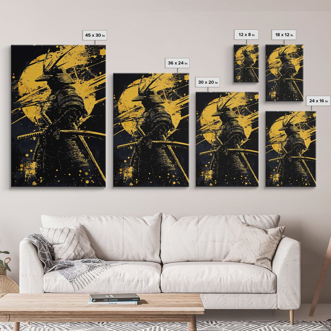 Samurai Warrior Gold Canvas Print, Japanese Art, Martial Wall Decor, Bushido Inspired Artwork, Real Wood Frame, Bold Statement Piece