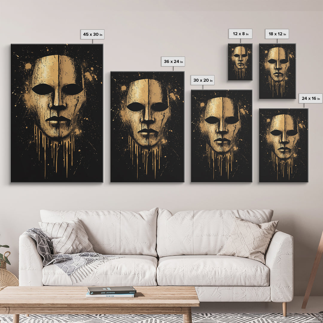Ancient Warrior Mask Gold Canvas Print, Bold Tribal Decor, Striking Wall Art, Real Wood Frame, Splatter Effect Modern Artwork