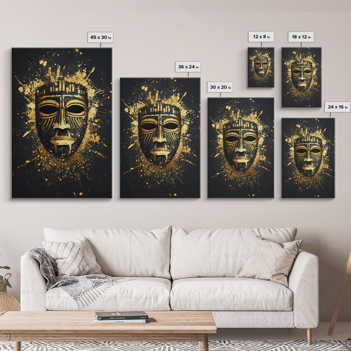 Mystical Tribal Mask Gold Canvas Print, Abstract Wall Art, Bold Statement Decor, Real Wood Frame, Unique Splatter Inspired Artwork