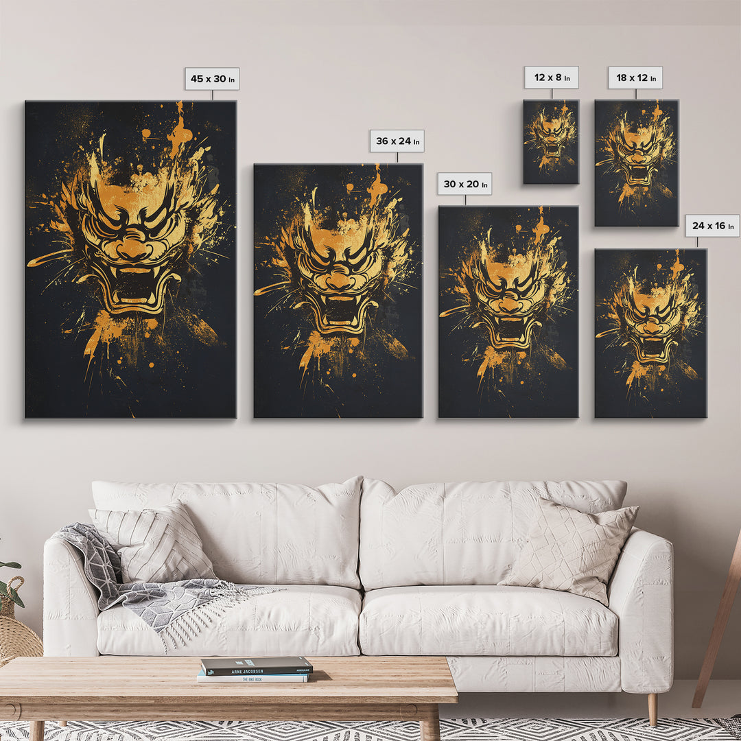 Mythical Dragon Face Gold Canvas Print, Asian Inspired Art, Fierce Wall Decor, Real Wood Frame, Splatter Style Statement Artwork