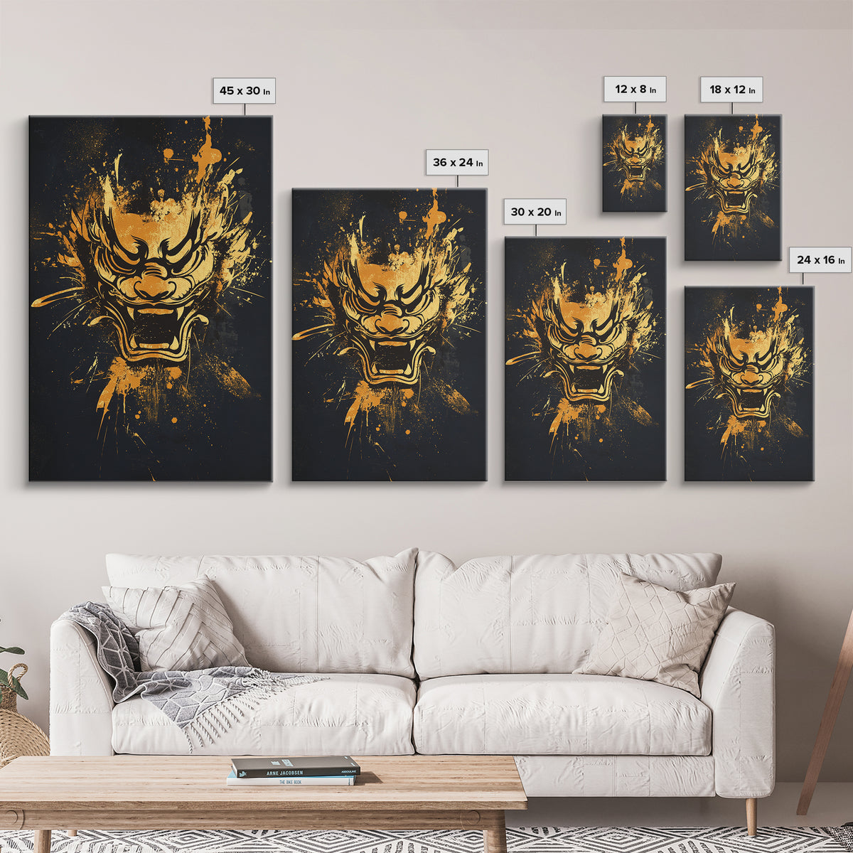 Mythical Dragon Face Gold Canvas Print, Asian Inspired Art, Fierce Wall Decor, Real Wood Frame, Splatter Style Statement Artwork