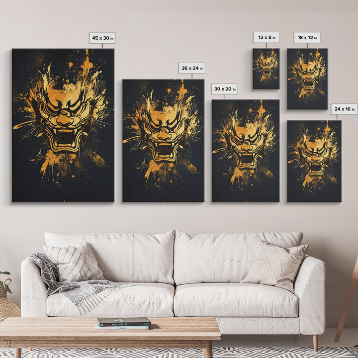 Mythical Dragon Face Gold Canvas Print, Asian Inspired Art, Fierce Wall Decor, Real Wood Frame, Splatter Style Statement Artwork