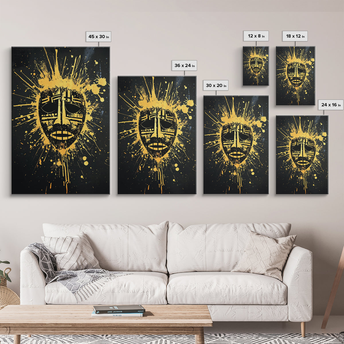 Tribal Mask Gold Canvas Print, Ethnic Wall Art, Real Wood Frame, Splatter Abstract Face Decor, Modern Tribal Home Accent