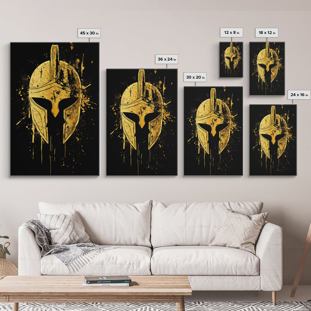 Spartan Helmet Gold Canvas Print, Warrior Wall Art, Real Wood Frame, Bold Historic Decor, Ancient Greek Inspired Artwork