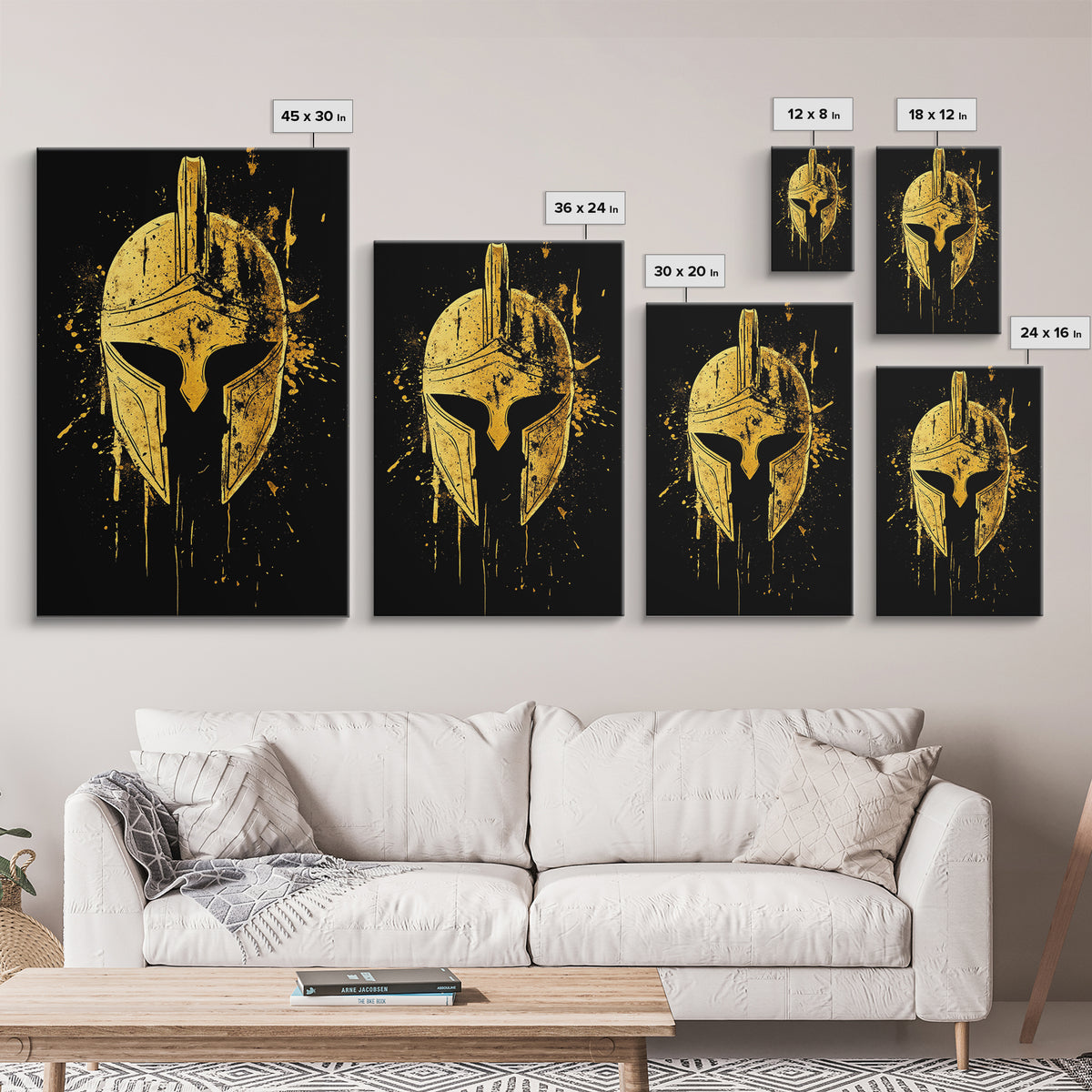 Spartan Helmet Gold Canvas Print, Warrior Wall Art, Real Wood Frame, Bold Historic Decor, Ancient Greek Inspired Artwork