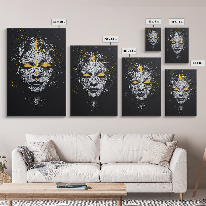 Demon Mask Gold Canvas Print, Tribal Wall Art, Real Wood Frame, Mythical Splatter Art, Cultural Home Decor Accent