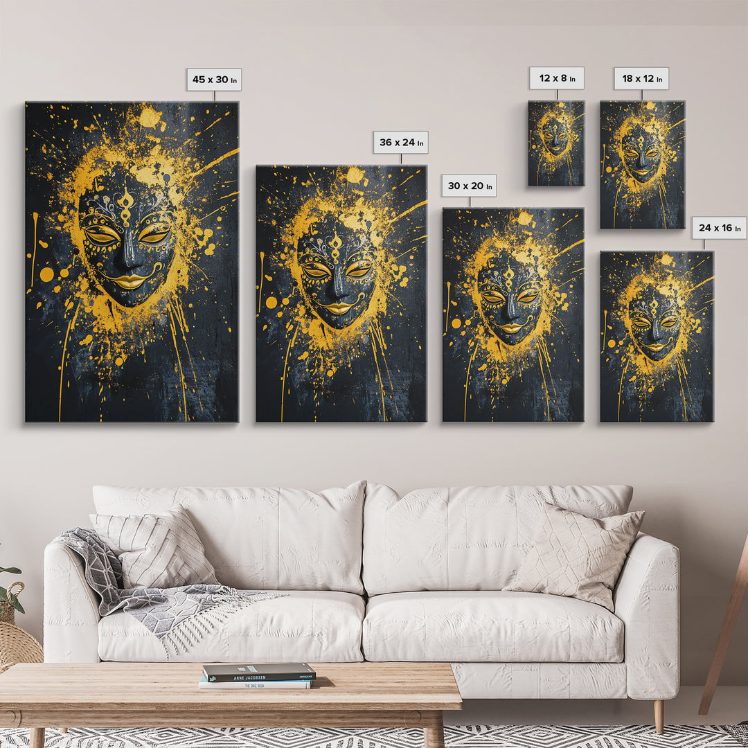 Sacred Mask Gold Canvas Print, Ethnic Wall Art, Real Wood Frame, Mystical Splatter Portrait, Tribal Inspired Home Decor