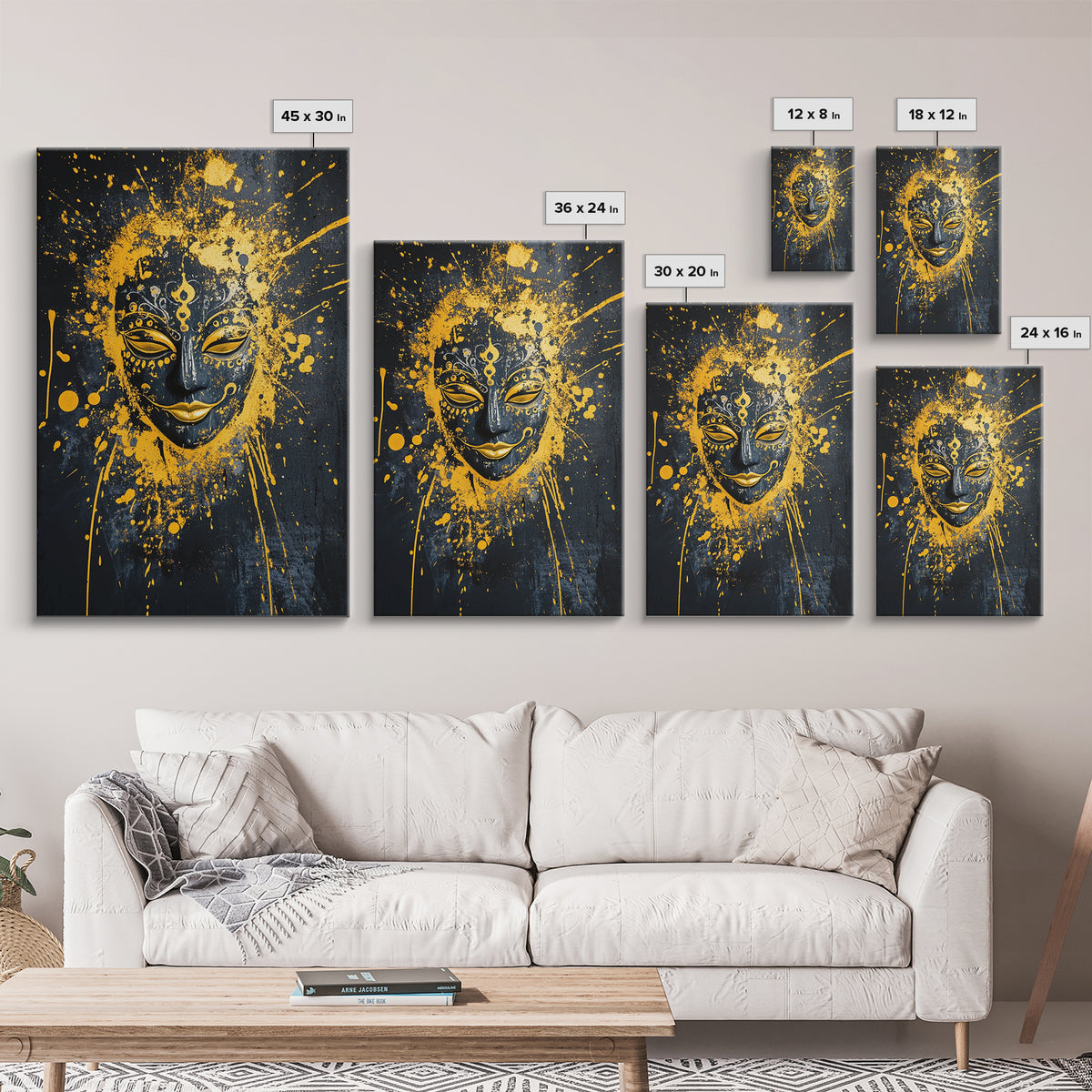 Sacred Mask Gold Canvas Print, Ethnic Wall Art, Real Wood Frame, Mystical Splatter Portrait, Tribal Inspired Home Decor