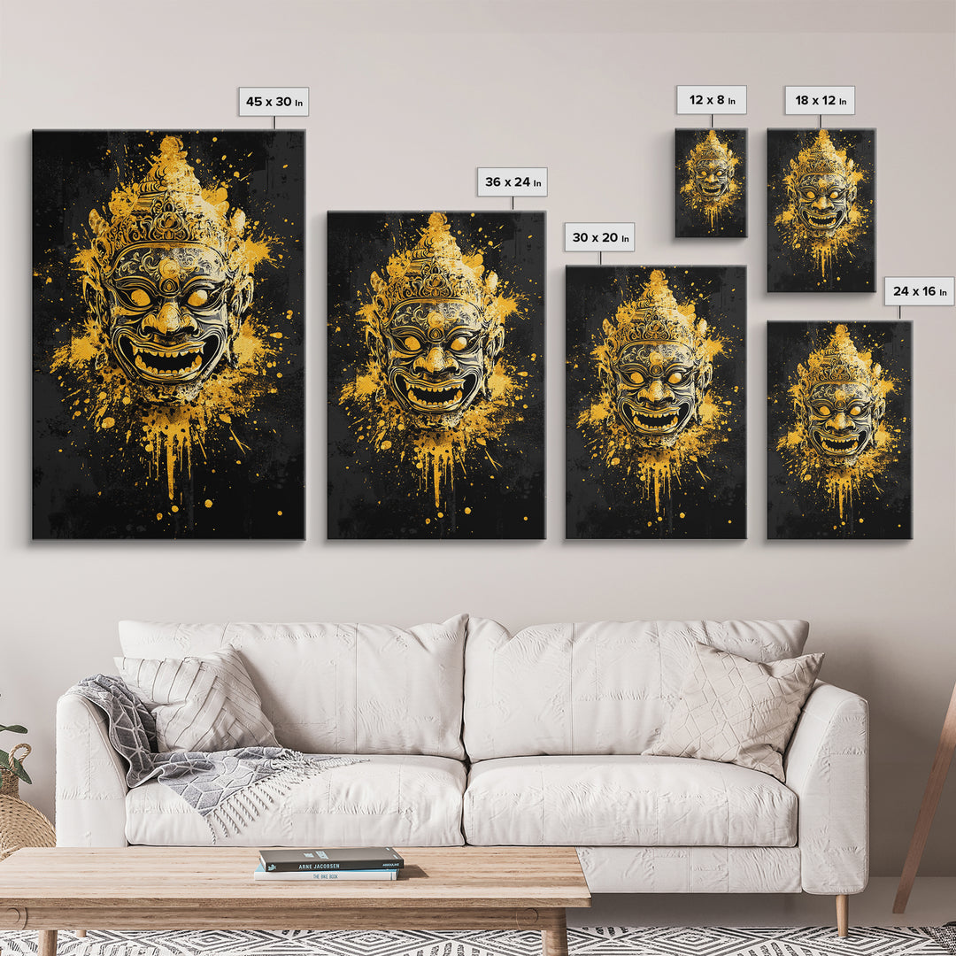 Ornamental Face Gold Canvas Print, Tribal Mask Wall Art, Real Wood Frame, Ethnic Splatter Decor, Cultural Portrait Artwork