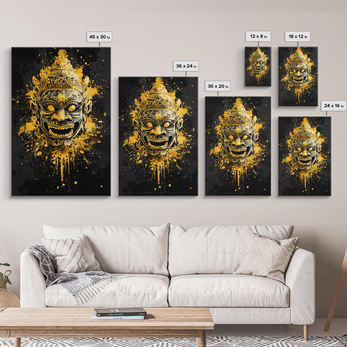 Ornamental Face Gold Canvas Print, Tribal Mask Wall Art, Real Wood Frame, Ethnic Splatter Decor, Cultural Portrait Artwork