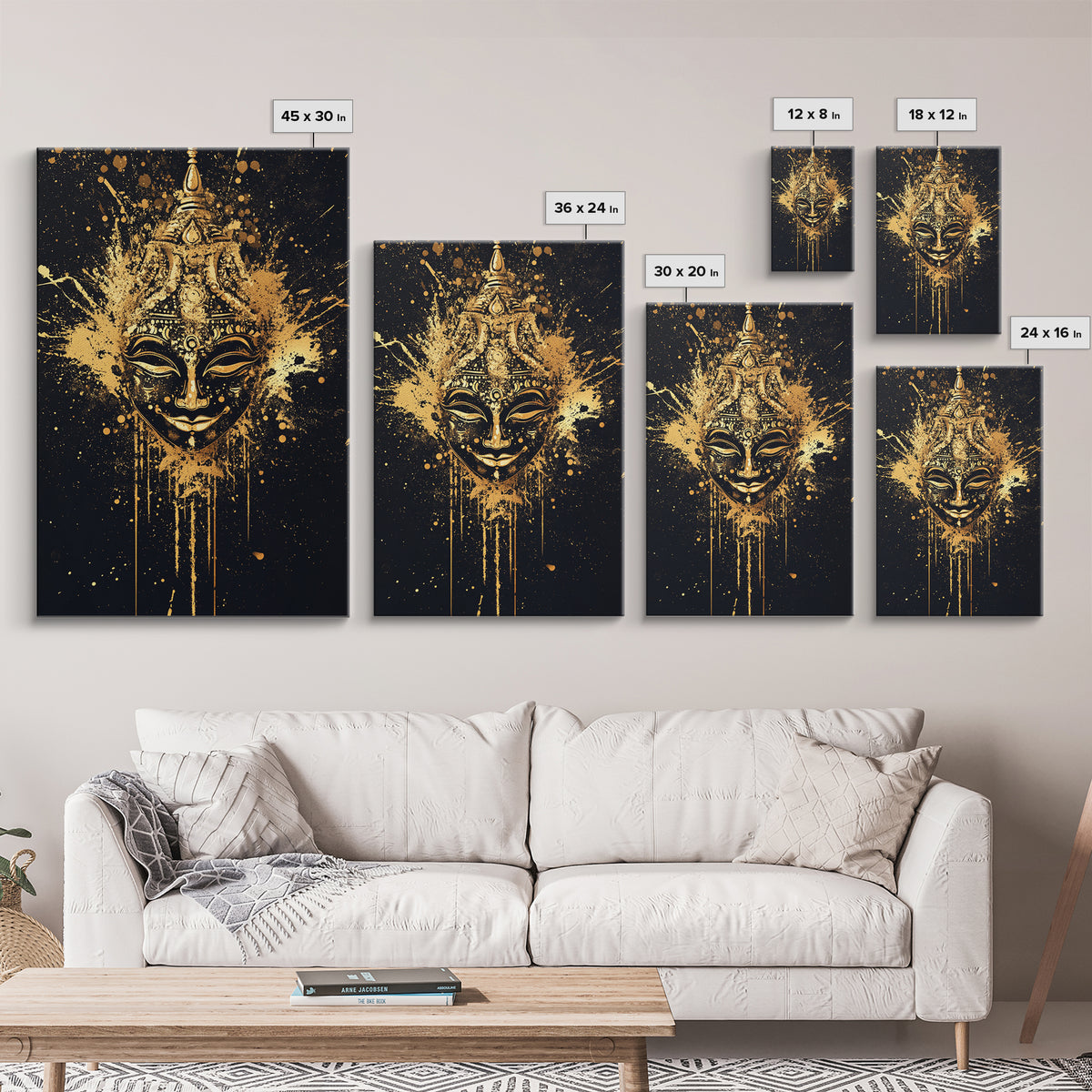 Decorative Mask Gold Canvas Print, Tribal Wall Art, Real Wood Frame, Splatter Abstract Portrait, Ethnic Cultural Accent