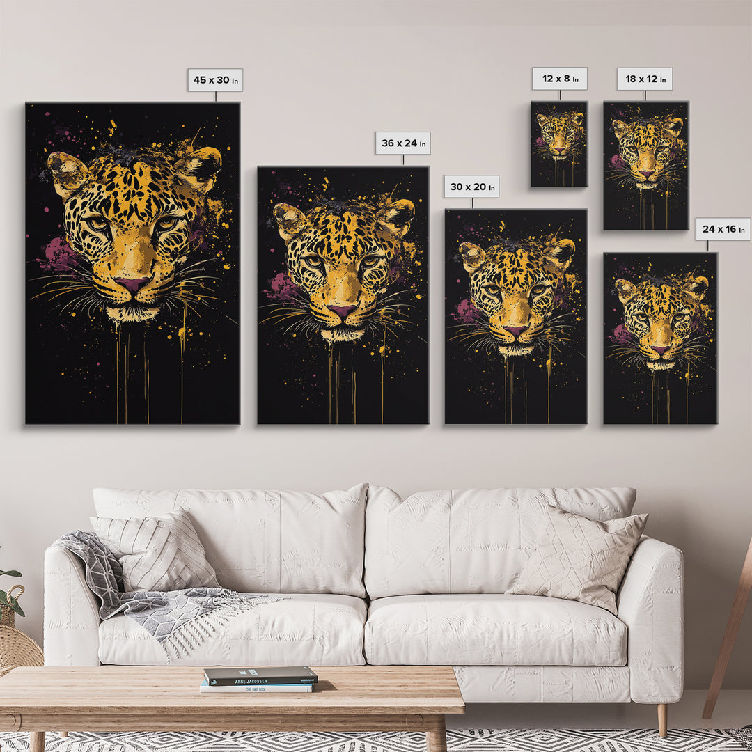 Leopard Portrait Gold Canvas Print, Tribal Animal Art, Real Wood Frame, Splatter Wildlife Decor, Bold Exotic Jungle Artwork