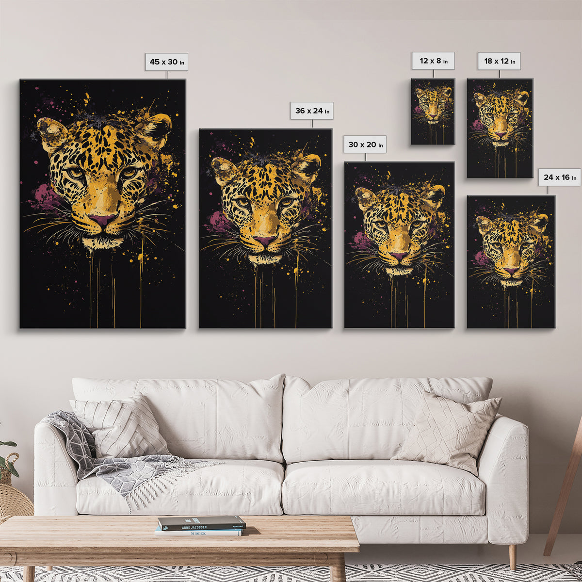 Leopard Portrait Gold Canvas Print, Tribal Animal Art, Real Wood Frame, Splatter Wildlife Decor, Bold Exotic Jungle Artwork