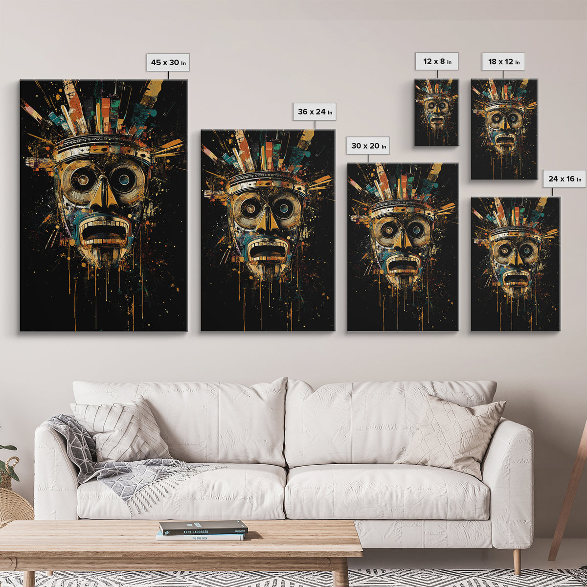 Abstract Splatter Mask Face, Gold Canvas Print, Modern Tribal Wall Art, Real Wood Frame, Contemporary Statement Decor