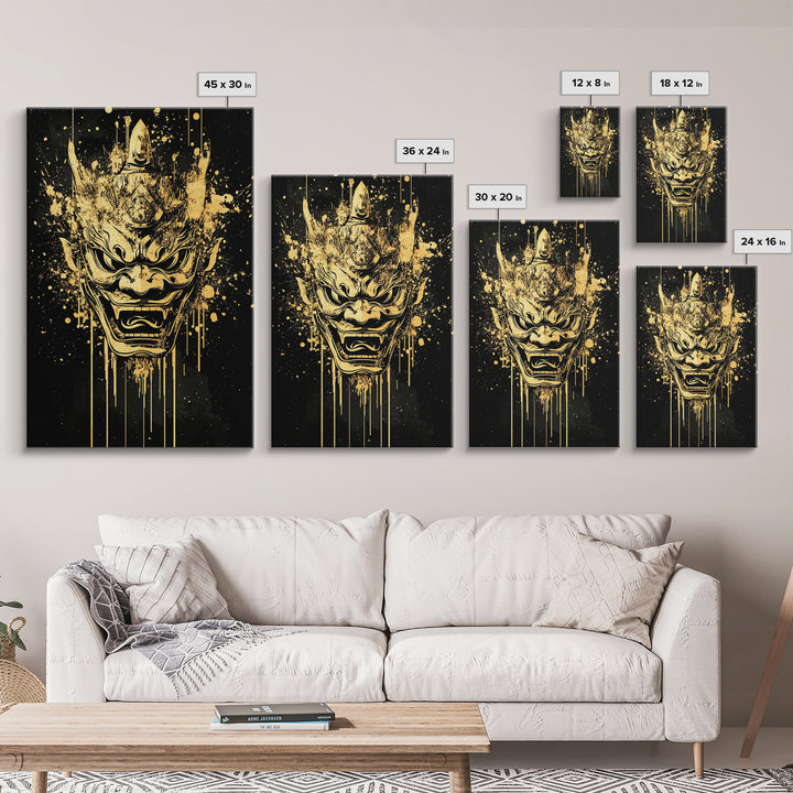 Mythical Demon Splatter Mask, Gold Canvas Print, Bold Wall Art, Real Wood Frame, Fierce Cultural Decor