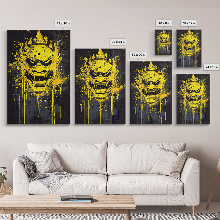 Sacred Mask Splatter Art, Gold Canvas Print, Ethnic Spiritual Wall Decor, Real Wood Frame, Mystical Warrior Artwork