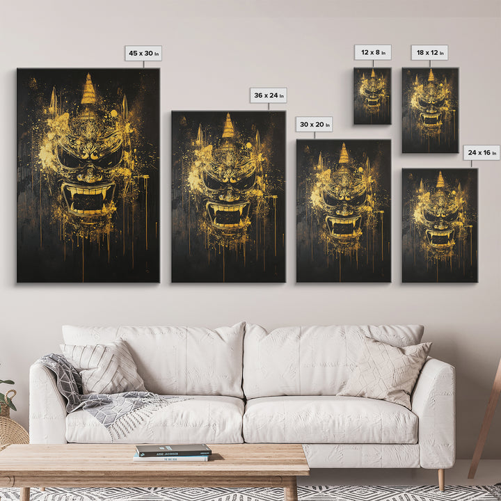 Ornate Splatter Face Mask, Gold Canvas Print, Abstract Cultural Wall Art, Real Wood Frame, Detailed Tribal Artwork