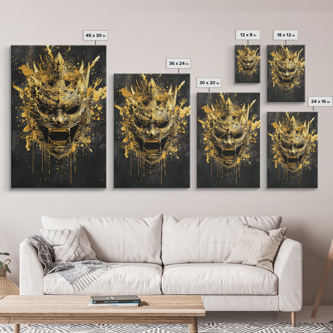 Decorative Tribal Splatter Mask, Gold Canvas Print, Modern Ethnic Wall Decor, Real Wood Frame, Bold Statement Artwork