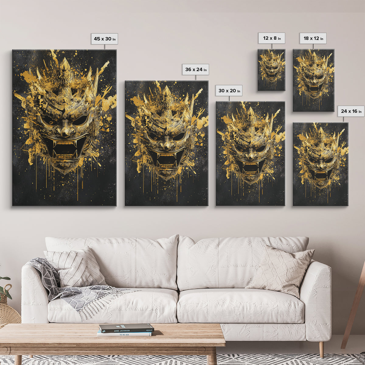 Decorative Tribal Splatter Mask, Gold Canvas Print, Modern Ethnic Wall Decor, Real Wood Frame, Bold Statement Artwork